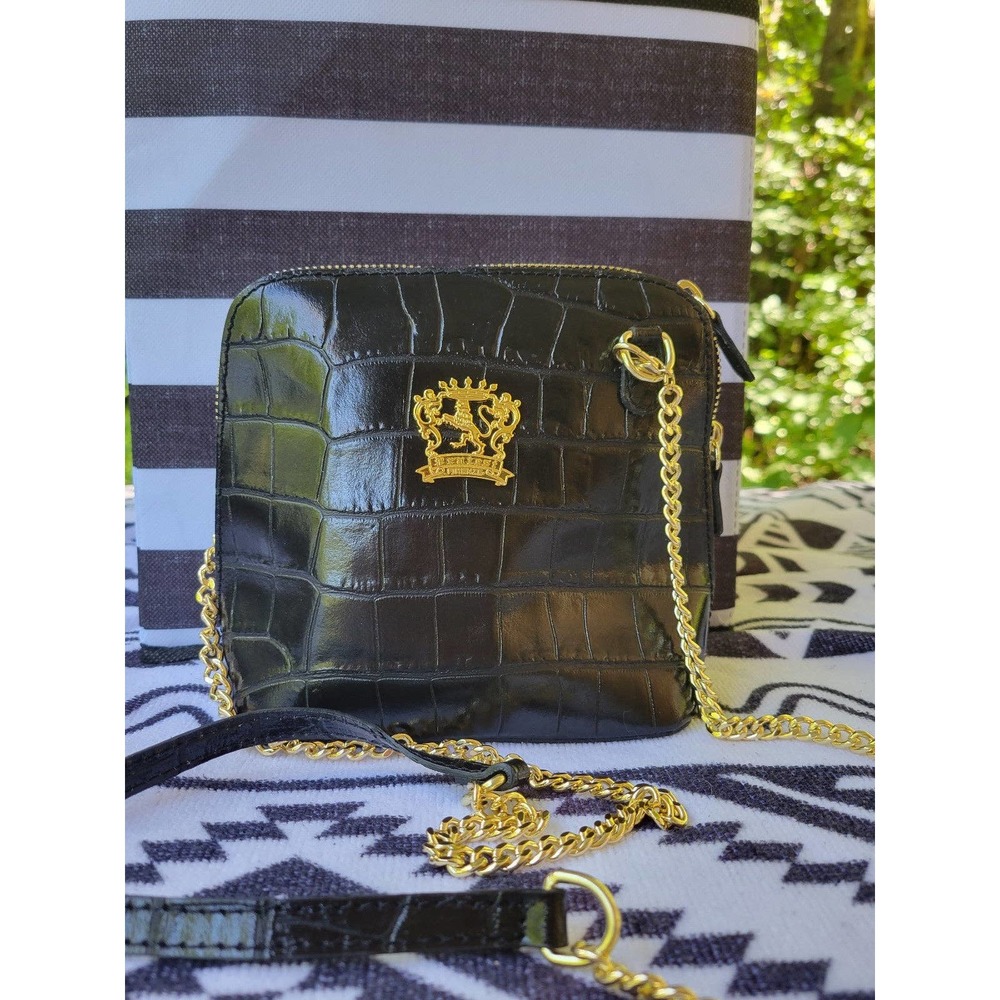 Pratesi Firenze Italian Leather Croc Mini Dome Crossbody Bag. Black.